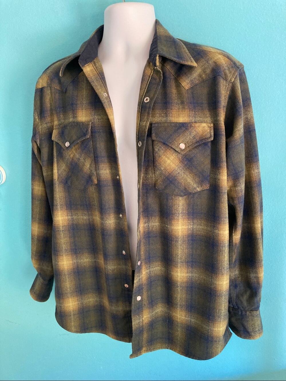Pendleton Men’s S Blue Green Plaid Canyon Western Snap Wool Shirt Unworn w/ Flaw